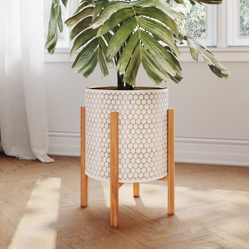 Honeycomb Mid-Century Modern Indoor Metal Pot Planter with 4-Leg Wood Base
