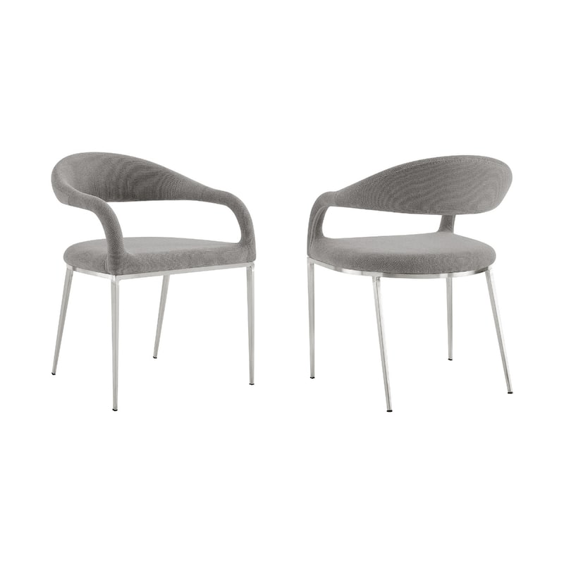 Metal Dining Armchairs with Polyester Upholstery Open Back, Set of 2 - 22” x 21” x 30” (D x W x H) - Light Grey-Silver