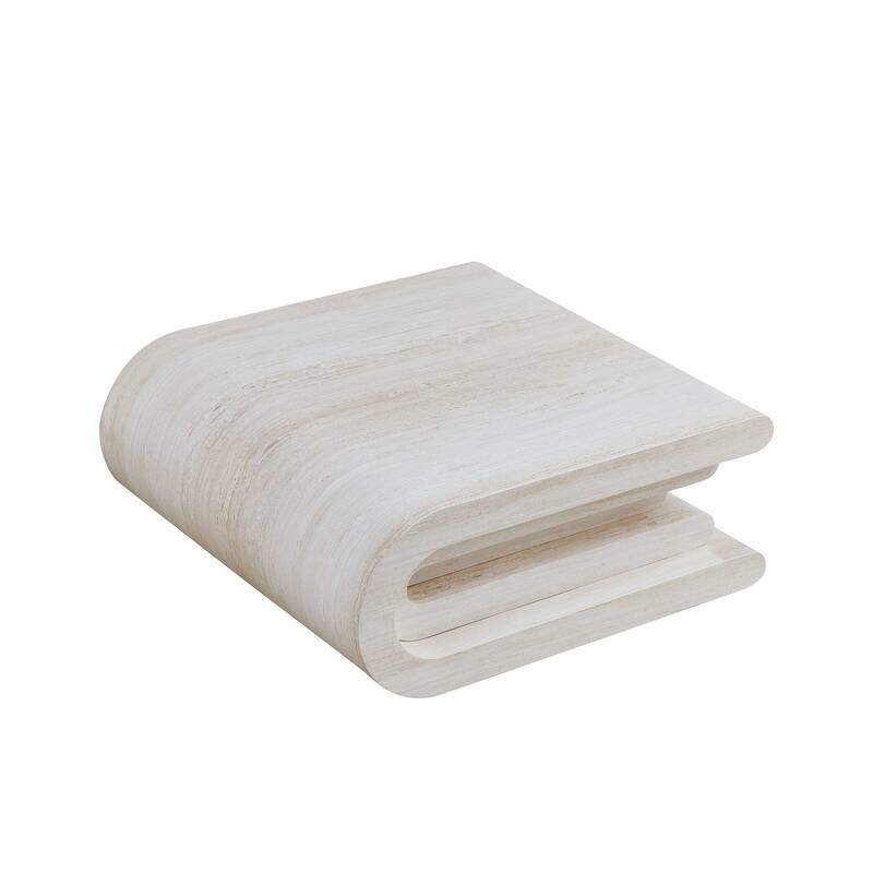 33.86"Square Faux Travertine Pattern Coffee Table for Living Room,MDF Table,Modern Irregular Coffee Table with Layered Base
