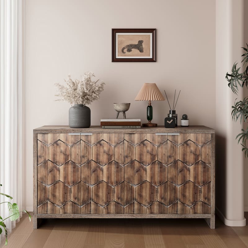 GDF Studio - Homestead 60 Inch Farmhouse 4-Door Wooden Cabinet with Decorative Hexagonal Doors