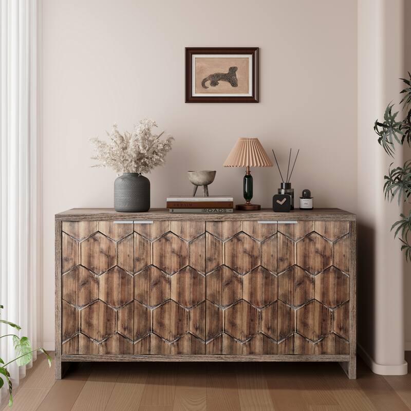 Sideboard with Textured Hexagon Doors, Multifunctional Wooden Buffet Cabinet, Accent Cabinet with Adjustable Shelves