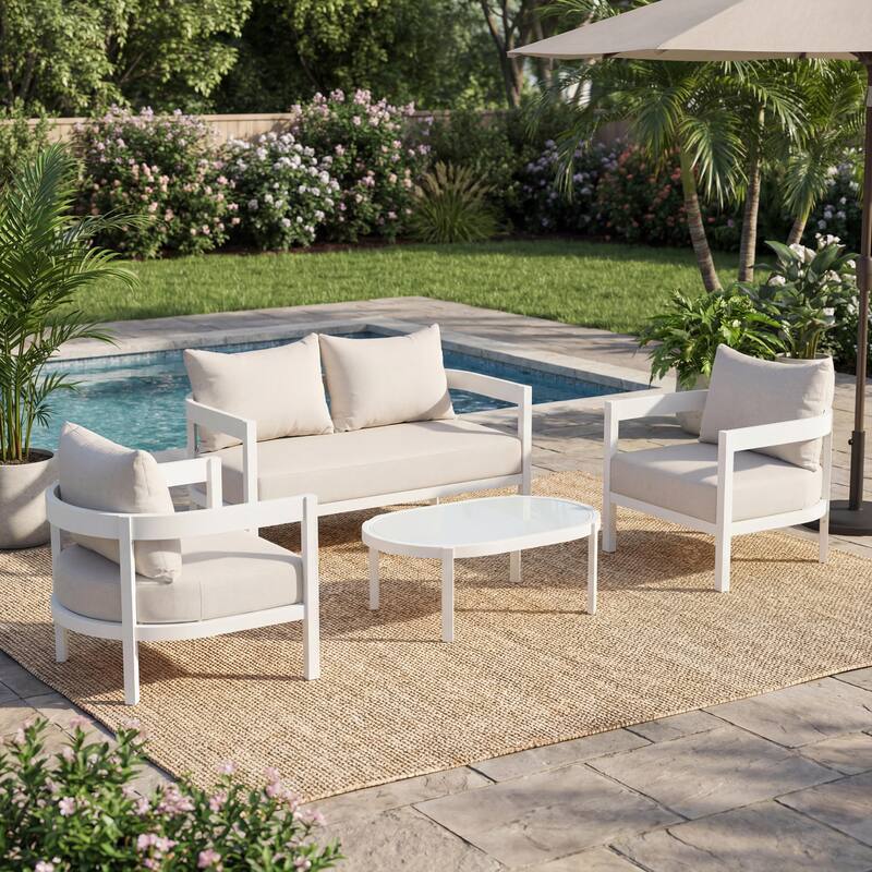 Christopher Knight Home - Modern 4-Piece Outdoor Aluminum Patio Conversation Set with Oval Glass Coffee Table & Thick Cushions
