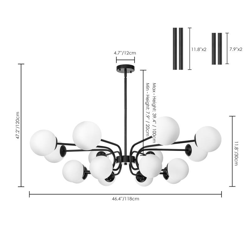 16-Light Modern Industrial 2-Tiered Sputnik Linear Frosted Opal Glass Globe Bubble Chandelier for Dining Room