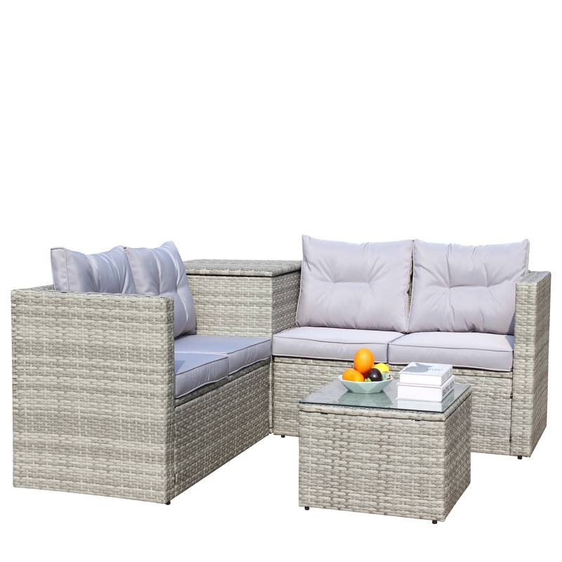 4 Pcs Patio Furniture Set, All Weather Outdoor Conversation Set, Wicker Rattan Sectional Sofa Set with Storage Box and Table
