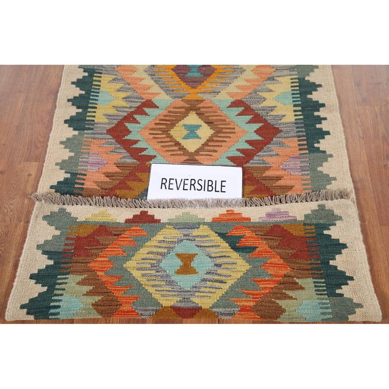 Hand Woven Oriental 100% Wool Carpet Southwestern Geometric Multi-Colored Kilim Runner Rug - 12' 3'' X 2' 9''