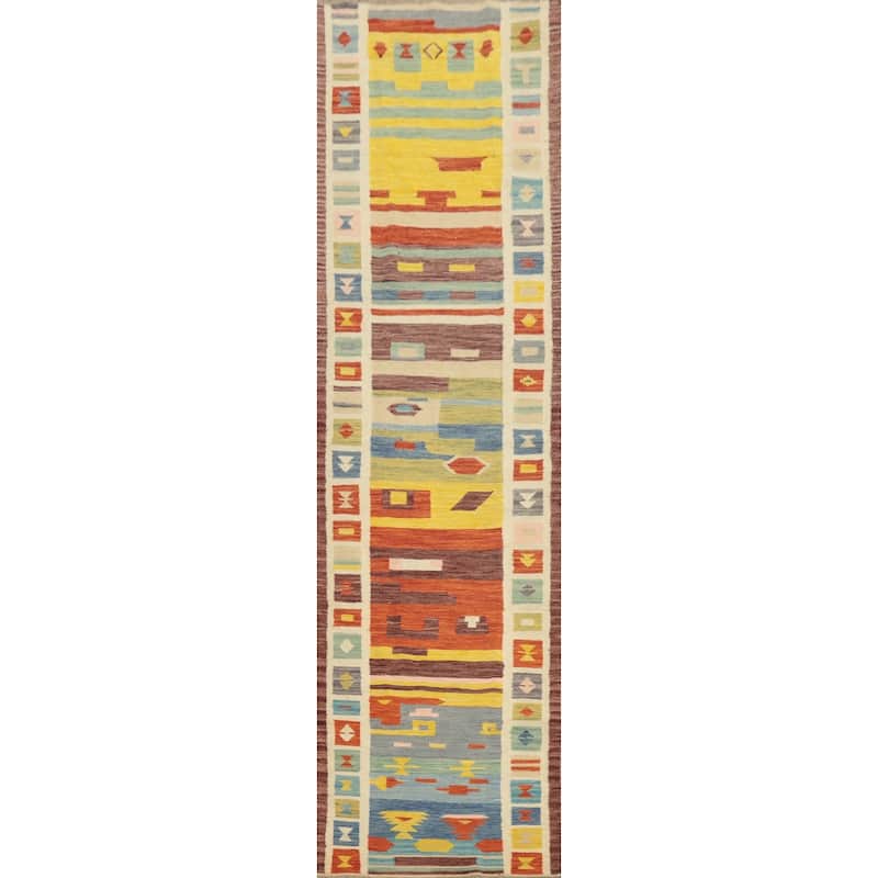 Hand Woven Oriental 100% Wool Carpet Southwestern Tribal Multi-Colored Kilim Runner Rug - 11' 8'' X 2' 6''