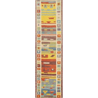 Hand Woven Oriental 100% Wool Carpet Southwestern Tribal Multi-Colored Kilim Runner Rug - 11' 8'' X 2' 6''