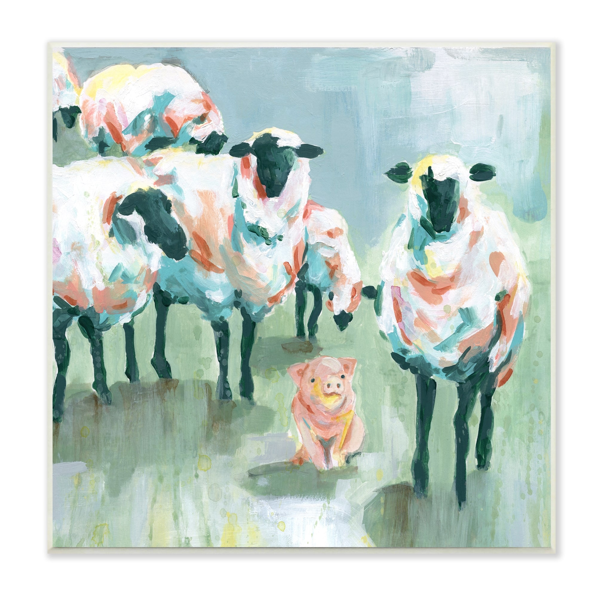 Stupell Piglet in Flock of Sheep Adorable Farm Animal Wood Wall Art