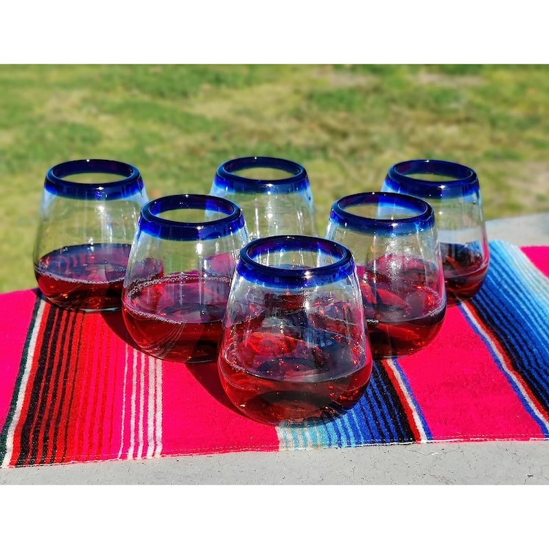 Hand Blown Mexican Stemless Wine Glasses - Set of 6 Glasses with Cobalt Blue Rims (15 oz)