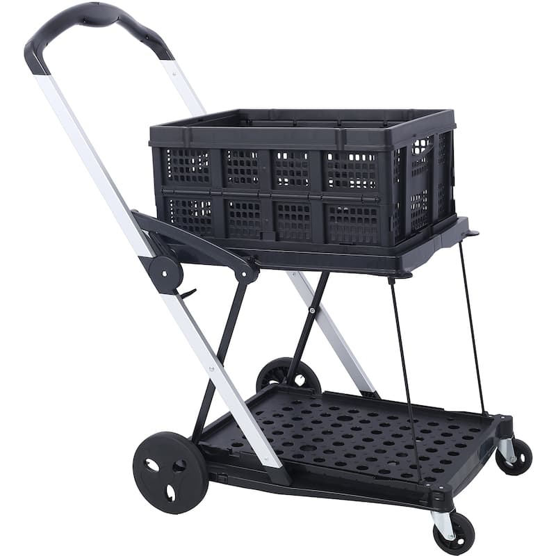 Collapsible 2-Tier Utility Shopping Cart,Multi-Use Baskets with Wheels - Black
