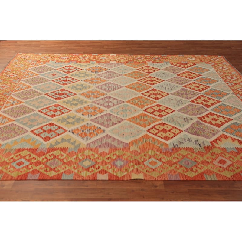 Trellis Geometric Kilim Oriental Area Rug Hand-Woven Wool Carpet - 8'2"x 9'8"