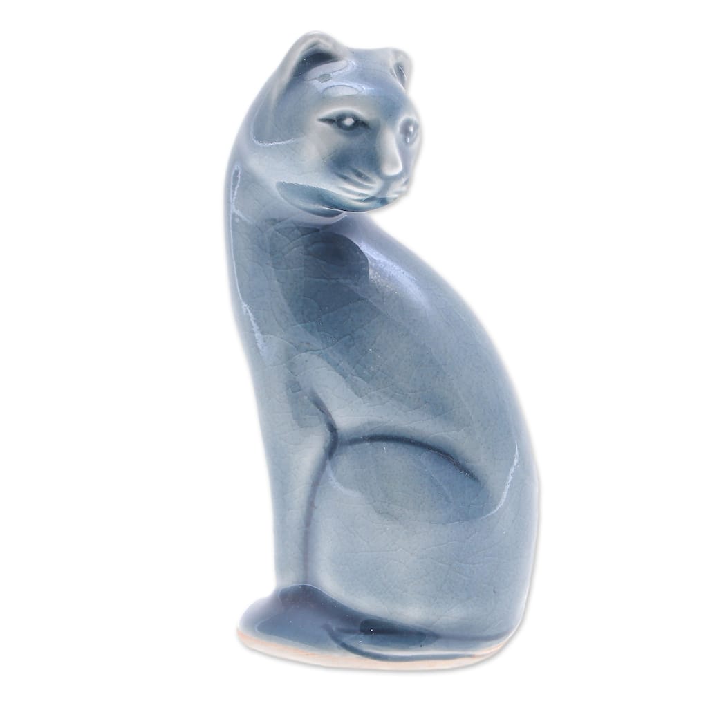 Novica Handmade Beautiful Cat In Blue Celadon Ceramic Figurine