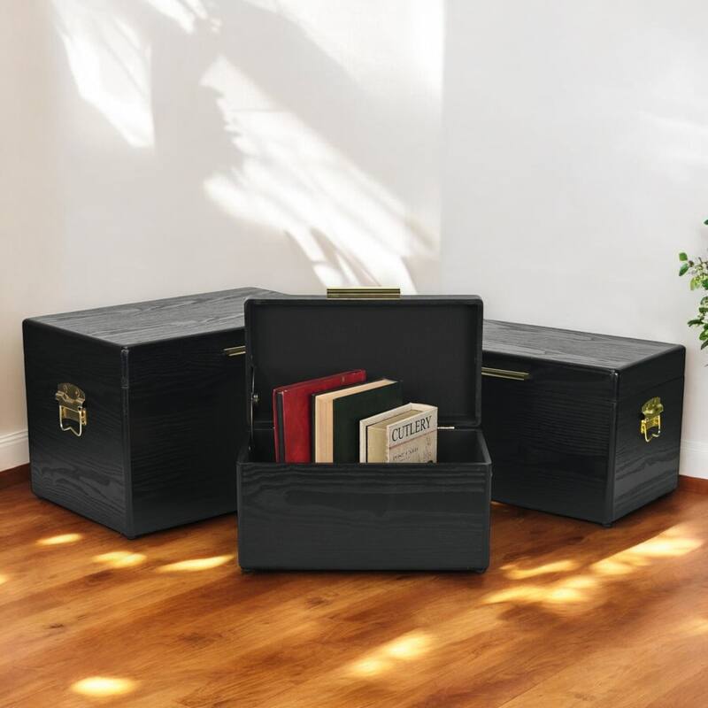 Sable Set of 3 Wooden Trunks with Gold Handles - Black