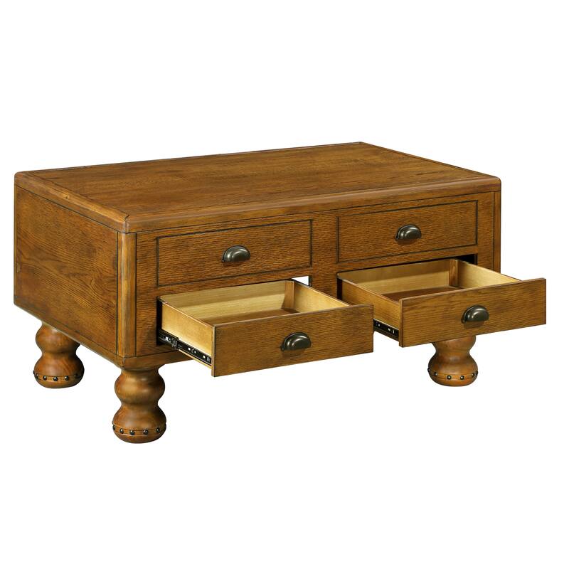 Antique Color Solid Wood Rectangle Coffee Table - Center Table with 4 Drawers