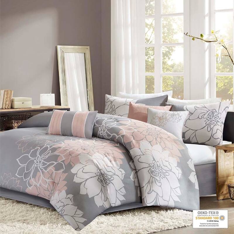 Printed Cotton Sateen Comforter Set Grey Peach Queen