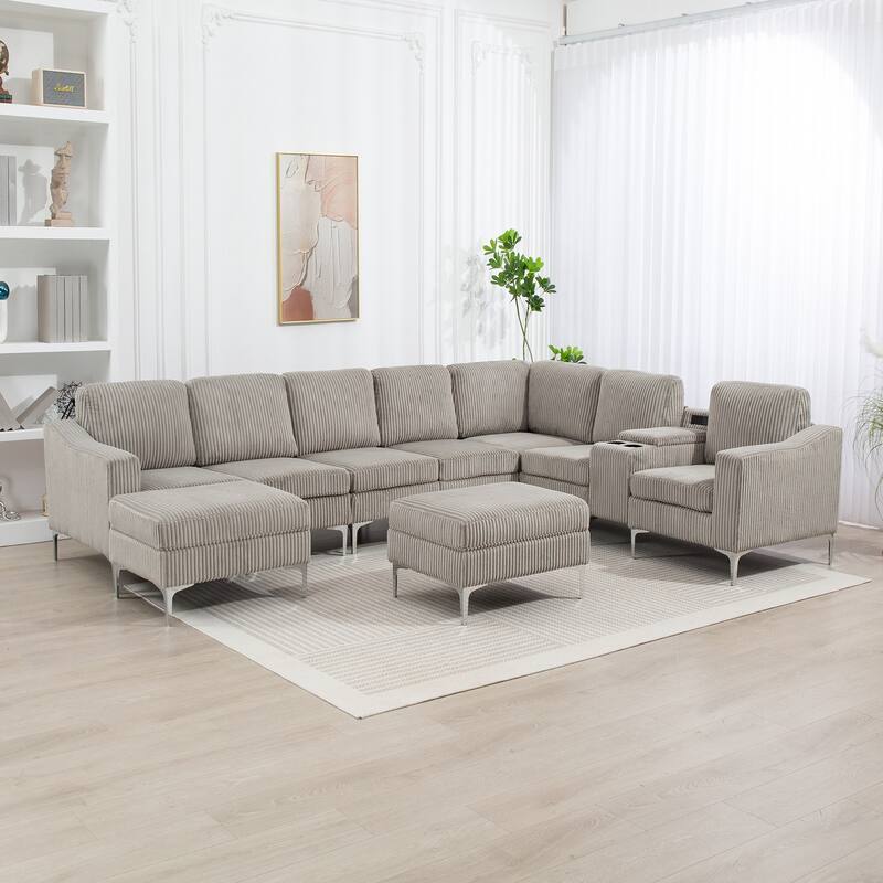 Modular Corduroy Sectional Sofa Convertible 6-Seat Couch with USB Ports, Storage Ottomans and Cup Holder for Living Room - Gray