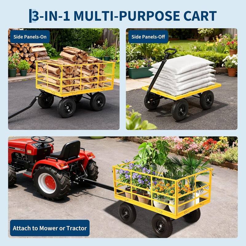 Heavy Duty 3-in-1 Yard Garden Wagon Cart with Removable Side Panels for Outdoor Lawn, Yard, 1500 LB Load