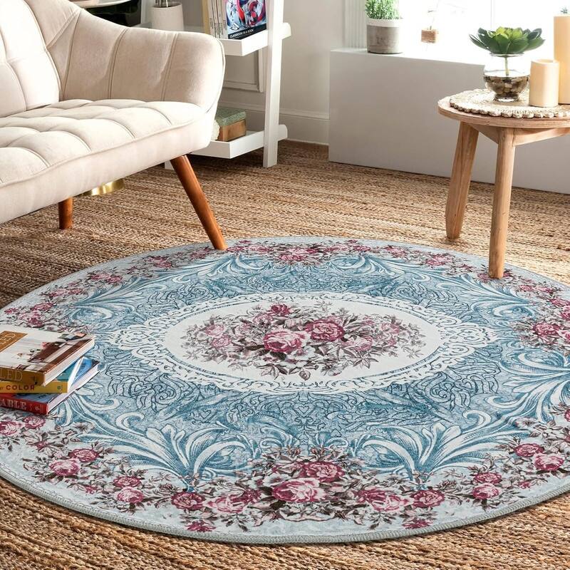 Round Rug 5ft Area Washable Boho Neutral Circle Rugs - 5' (Round) - Floral Teal Red