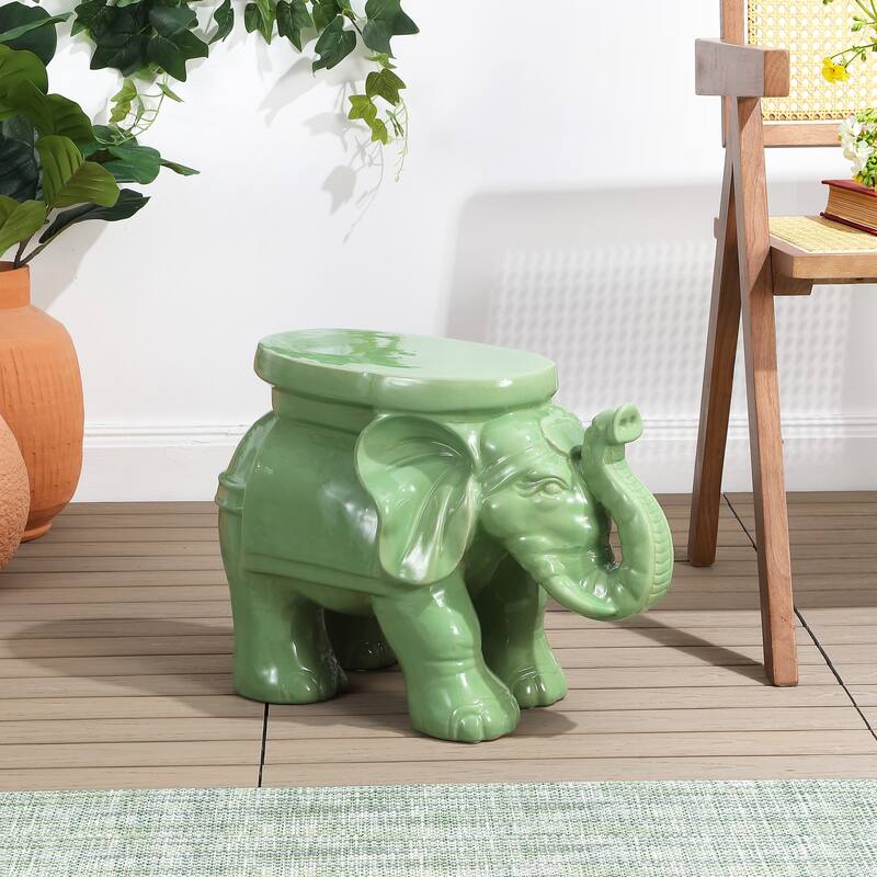 White Elephant 14.2" Ceramic Garden Stool, White by JONATHAN Y
