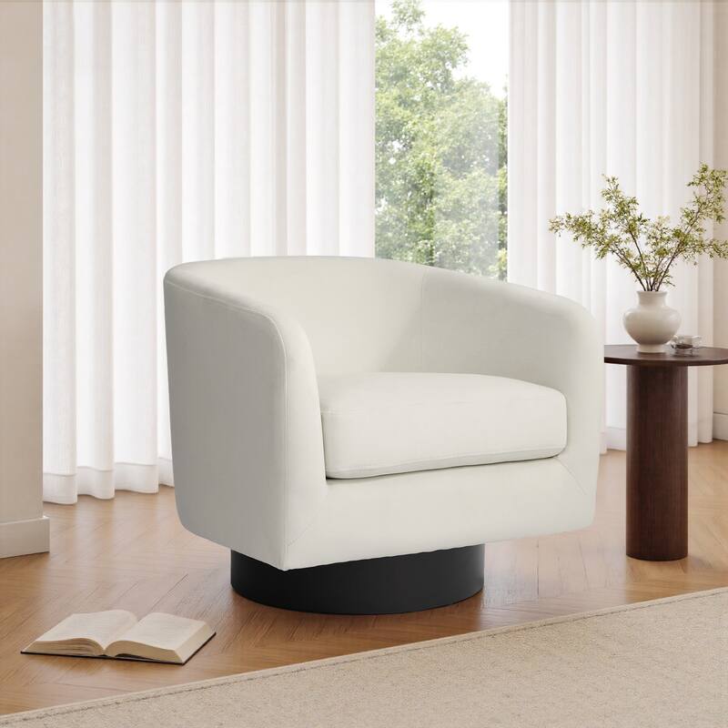 Velvet Low-Back Barrel Chair 360° Swivel Accent Armchair - Ivory - 28"W x 25"D x 26"H