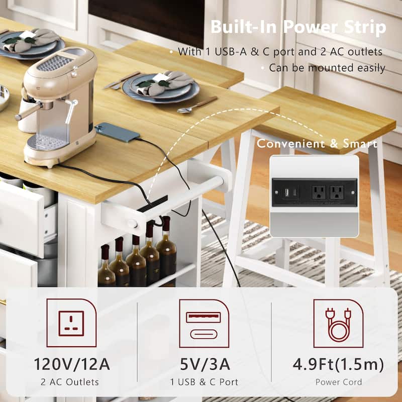 Kitchen Island with 6 Drawers, Pull Out Trash Can Storage, with Drop Leaf, Power Outlet, 5 Open Side Racks