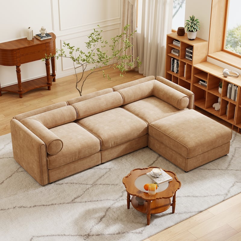Chenille L-Shaped Sofa with Storage, 3-Seater Couch with Ottoman, Cylindrical Backrests & Armrests, Modern Modular Sofa - Camel