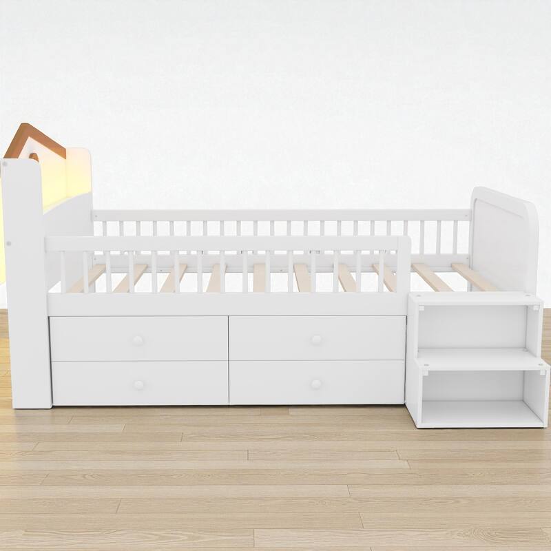 Twin Size Low Loft Bed with LED Light, Wooden Kids Loft Bed with Storage Drawers and House Headboard