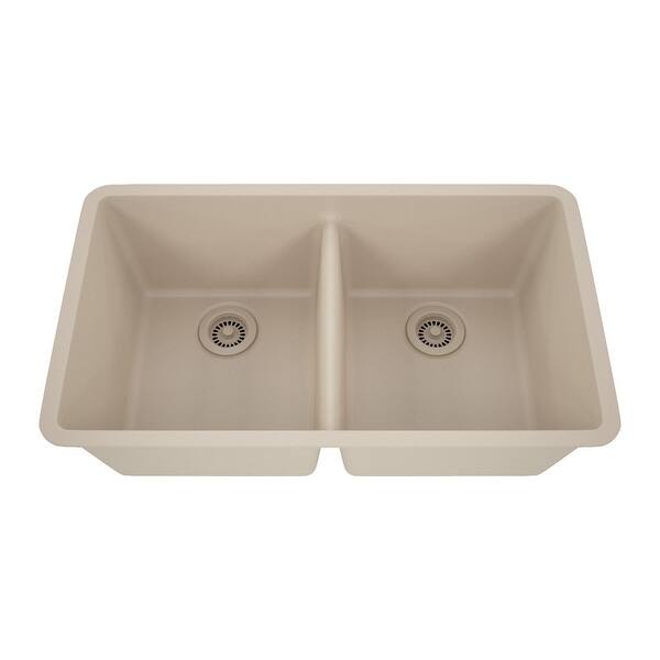 slide 2 of 14, Lexicon Double Bowl 50/50 Undermount Granite Kitchen sink Galaxy Beige - 19" W x 32" L x 9.75" H Galaxy Beige