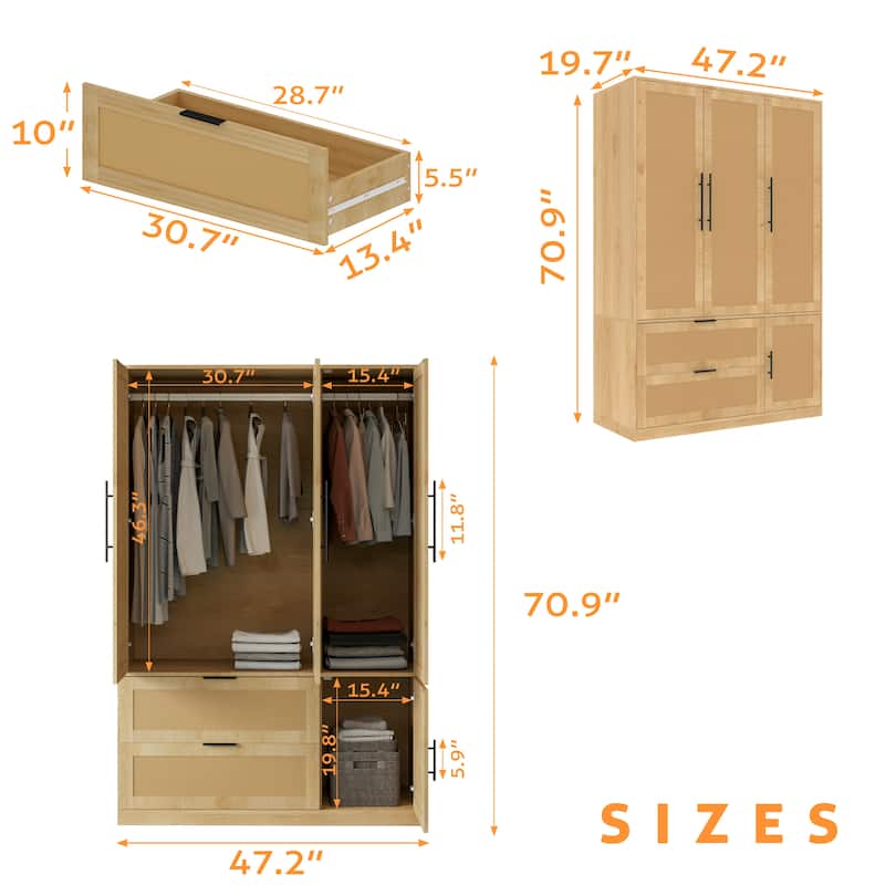 47"W Family 4-Door Wardrobe Armoires Closet 2 Drawer Storage Rattan Style - N/A