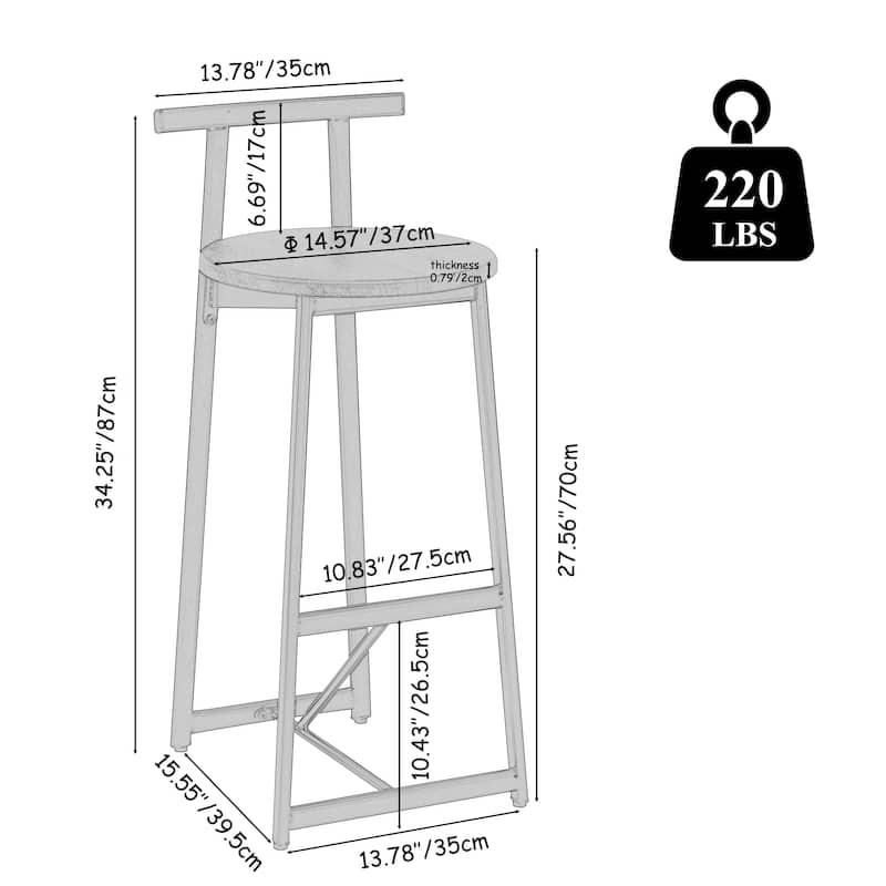 Armless Counter Height Bar Stool Set of 3, with Metal Frame and Wooden Seat
