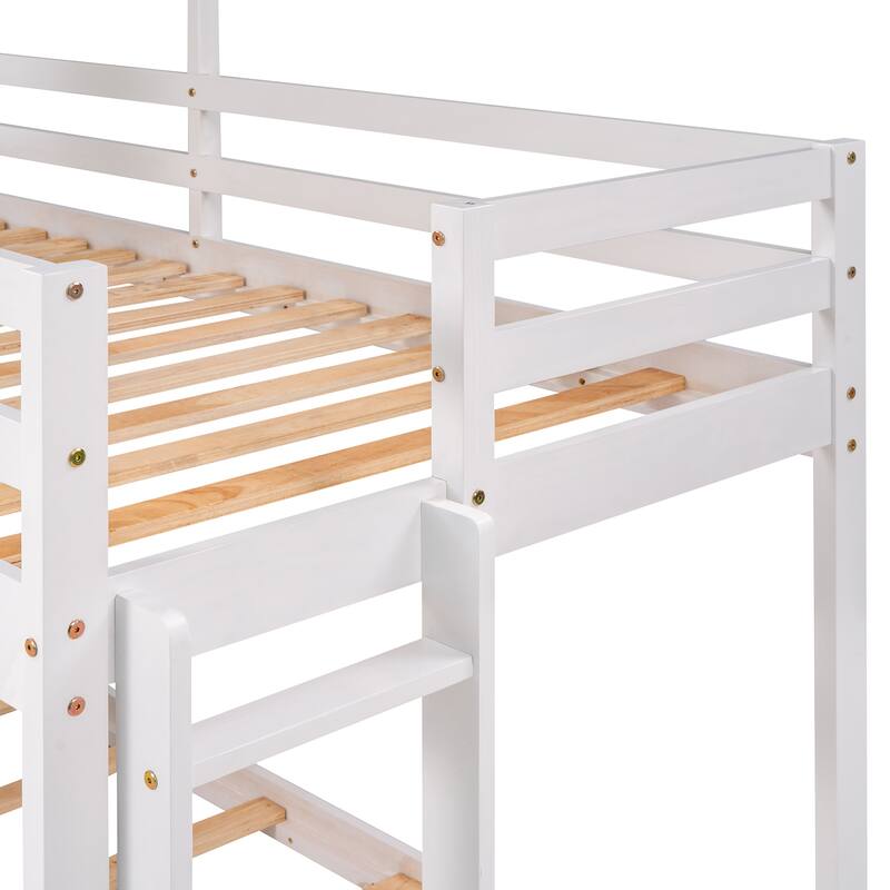 House Bunk Bed for Kids, Twin Over Twin Bunk Bed Frame, Wooden Floor Bunk Bed with Roof, Window, Guardrail, Ladder
