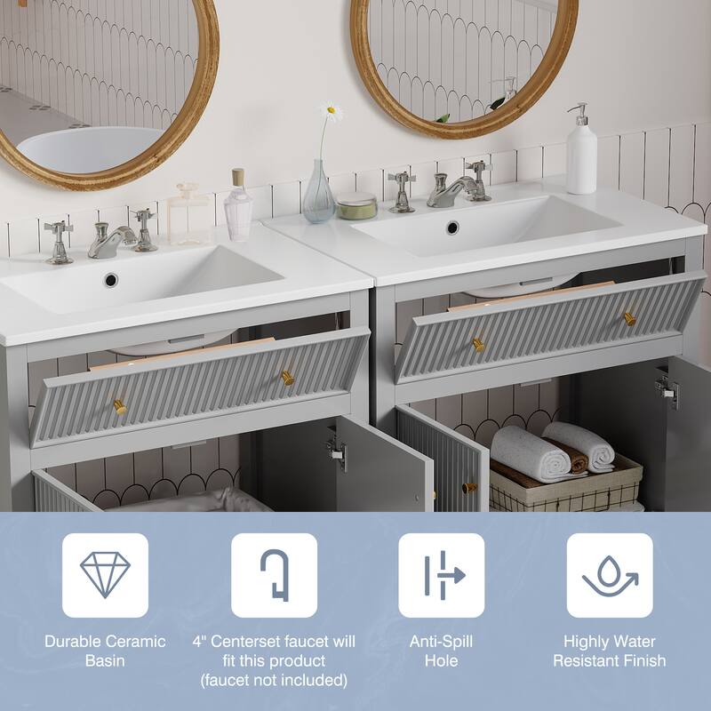 60'' Bathroom Vanity With Ceramic Sink, Free Standing Single Vanity Set With Soft Closing Doors