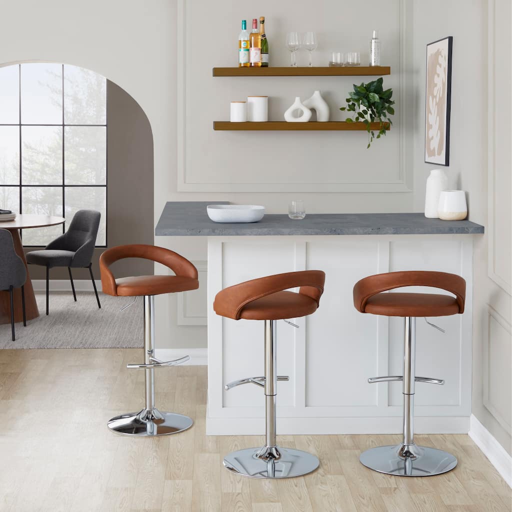 Porch & Den Stavenger Upholstered Adjustable Bar Stool with Chrome Base & Rounded T Footrest (Set of 3)