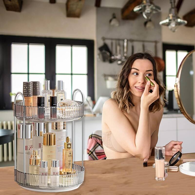 360 Rotating Makeup Organizer for Vanity,2 Tier Large Capacity Cosmetics Skincare Organizers - 9"D x 9"W x 18"H