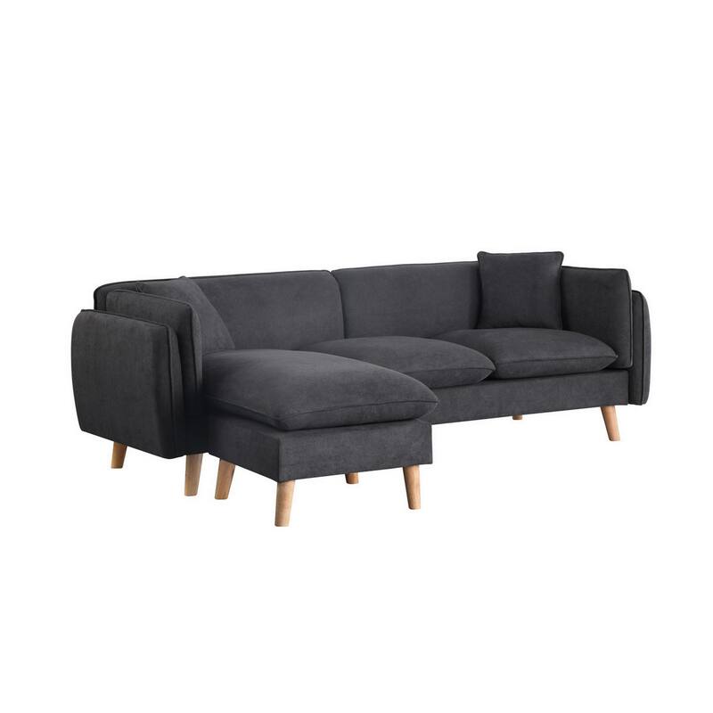 Maci 87 Inch Sectional Sofa, Reversible Chaise, Dark Gray Fabric, Wood Legs