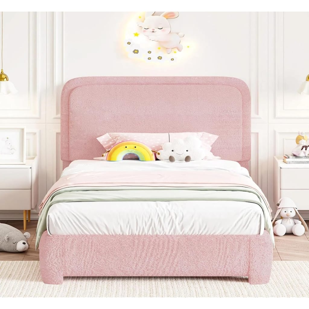 Pink Twin Size Upholstered Platform Bed Frame with Soft Boucle Fabric Headboard, Modern Minimalist Design, No Box Spring Needed