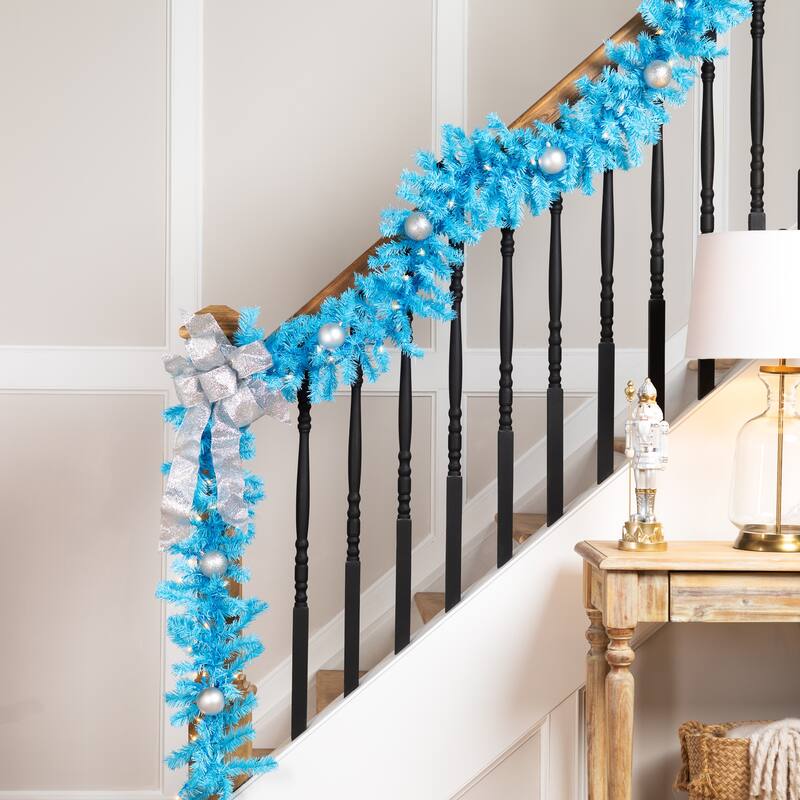 Pre-Lit Artificial Pine Christmas Garland - 9' - Sky Blue - Clear Lights
