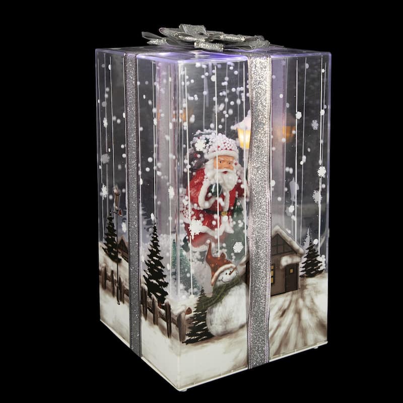 Lighted and Musical Santa Snowing Gift Box with Ribbon Christmas Decoration - 12"