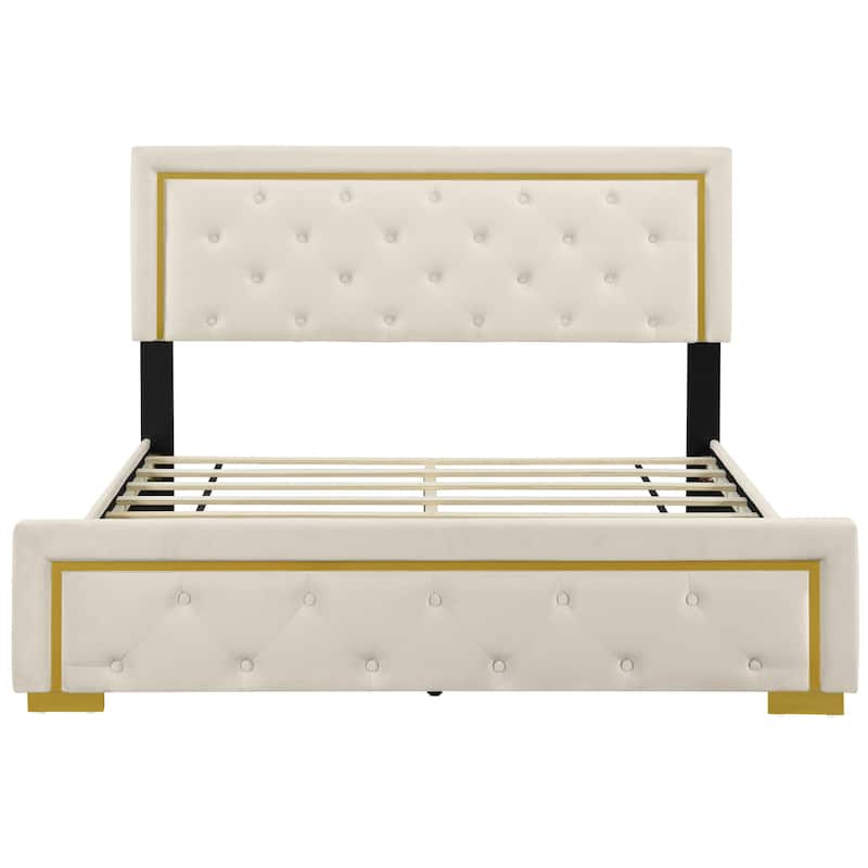 HomeRoots Beige Tufted Velvet Upholstered Queen Bed Frame