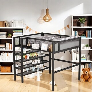 Creative Structure Full Size Metal Loft Bed, 4-Tier Open Shelves