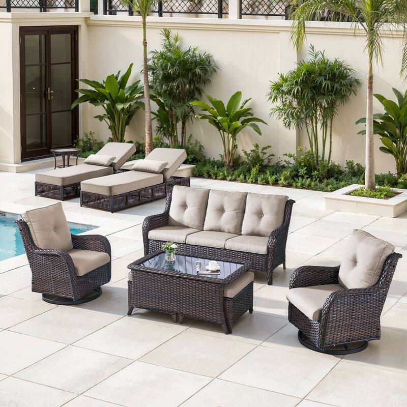 Gymojoy Luxury Outdoor Wicker Patio Furniture with 3 Seat Sofa, Chaise Lounge Chair，Swivel Chair, Rattan Coversation Set - Beige