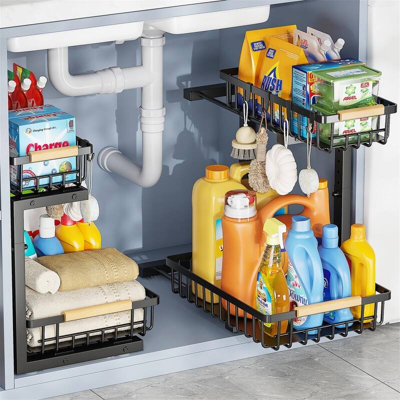 2 level pull-out design - 15.75"D x 11.81"W x 16.81"H - Black set of 2