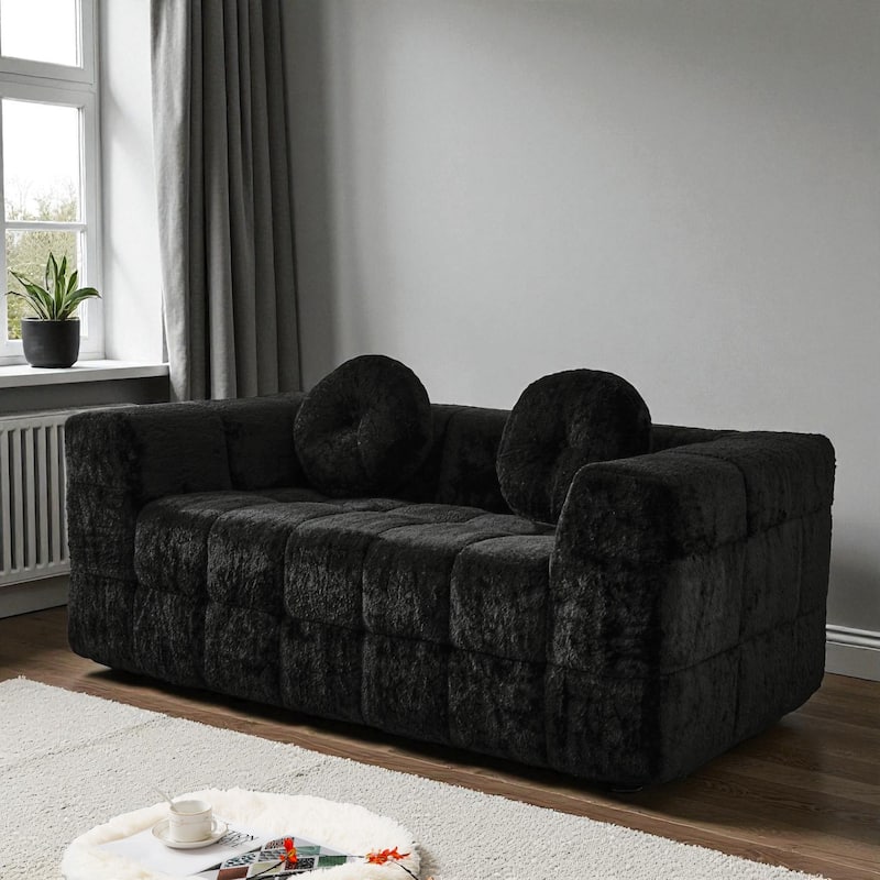 66.5" Modern Boneless Cloud Sofa, 2-Seater Foam Couch with Checkered Design & Plush Lychee-Textured Fabric, Circular Pillows