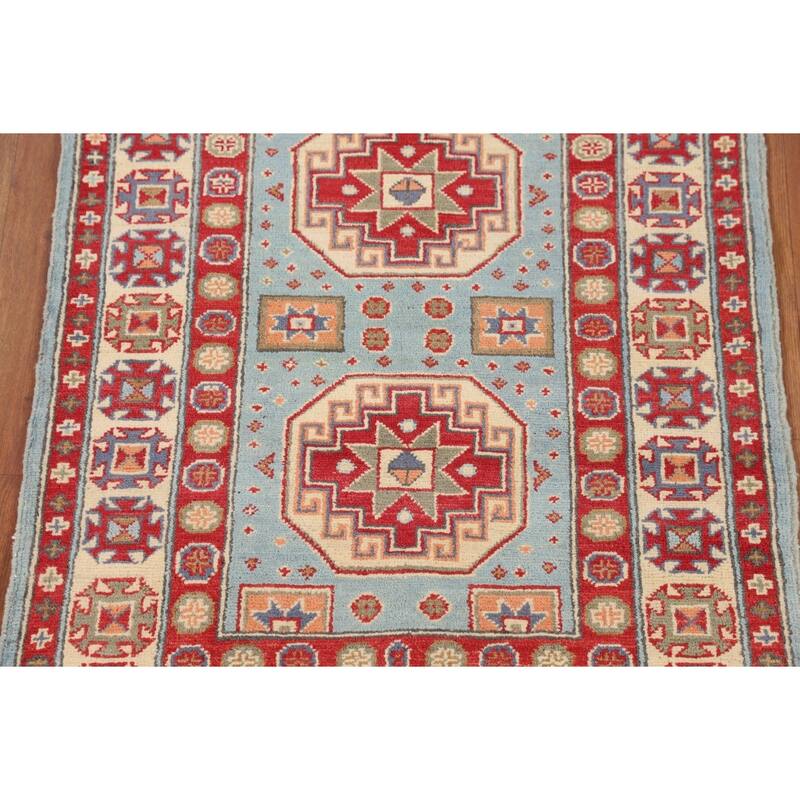 Light Blue Kazak Oriental Accent Rug Handmade Geometric Wool Carpet - 2'9" x 3'10"