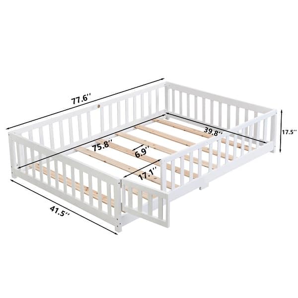 Simple Lodge Design Twin Size Platform Bed,Solid Pine Wood Bed Frame with Fence,Safety Guardrails with Door