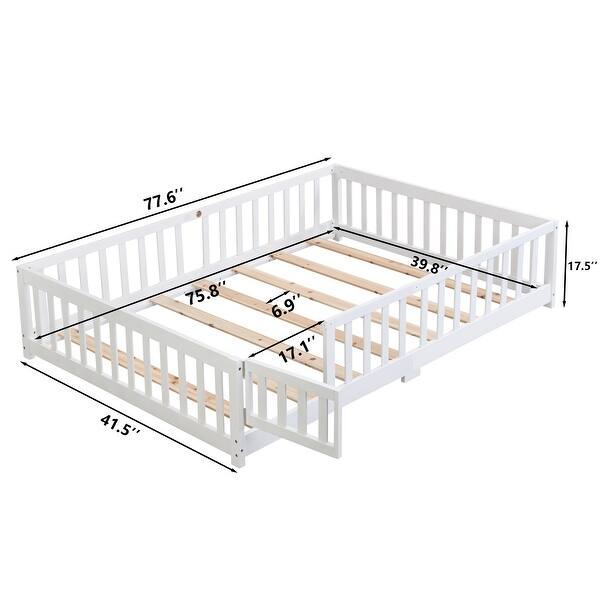 dimension image slide 0 of 3, Twin Size Robust Construction Floor Bed with Door, Wood Frame and Fence, Suitable for Children
