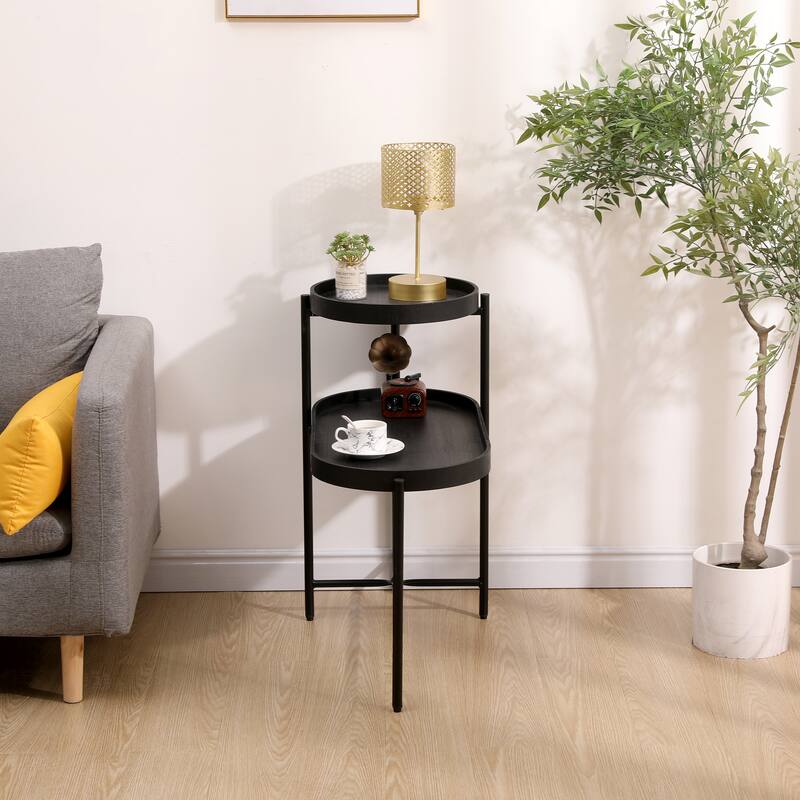 2-Tier Side Table with Black Metal Frame, Wooden Desk End Table, Storage Sofa Table for Living Room