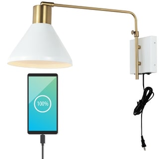 Justina Swing Arm 1-Light Modern Midcentury Iron USB Charging Port LED Sconce, by JONATHAN Y