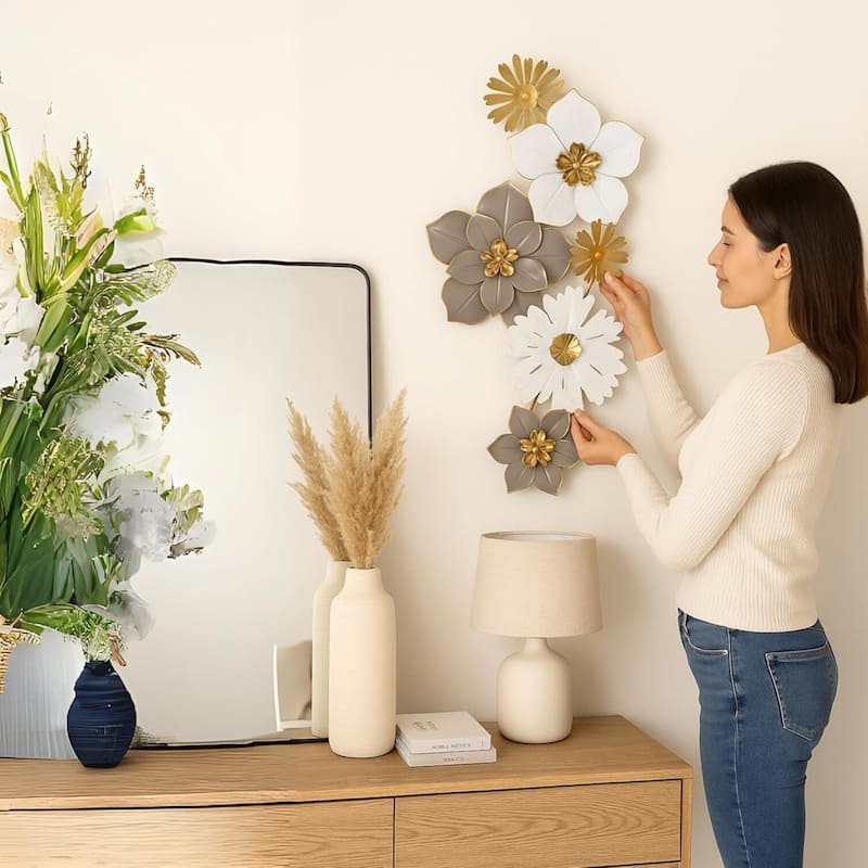 Aria Home Floral Metal Wall Art White Gold 3D Flower Botanical Accent