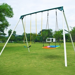 9.5' Heavy Duty Metal Swing set for Backyard with Platform Swing, Belt Swing, and Trapeze Bar
